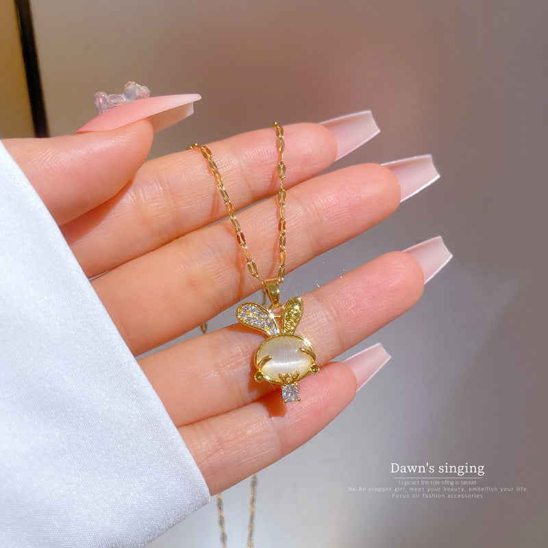 Luxury Rabbit Pendant Necklace in Titanium Steel with Micro-Pavé Zirconia and Cat's Eye Stone, Geometric Design, Gold-Plated Copper Accent, Minimalist Ins Style