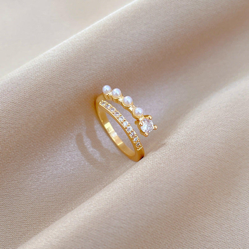 Anello regolabile in ottone con perle e zirconi, design a corona, per donna, gioiello a fascia in stile giapponese minimalista