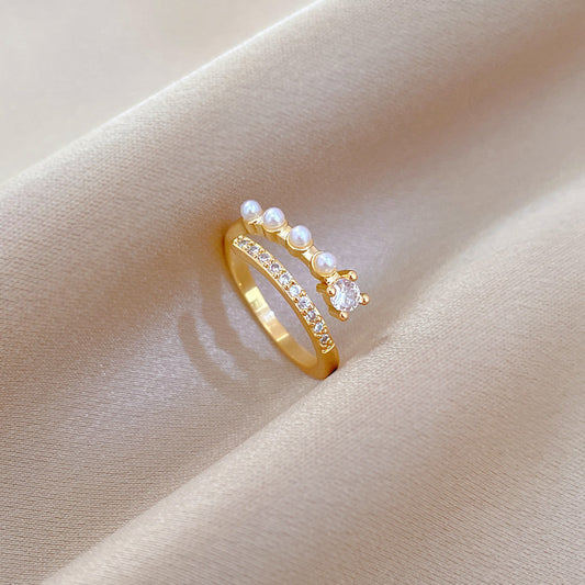 Anello regolabile in ottone con perle e zirconi, design a corona, per donna, gioiello a fascia in stile giapponese minimalista