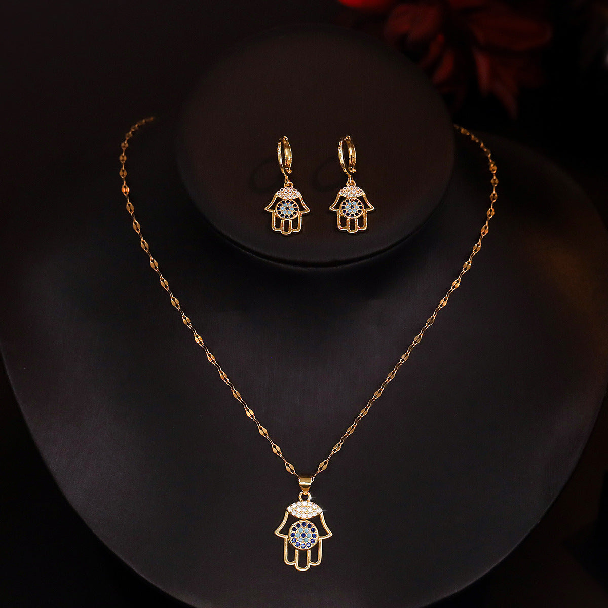 Minimalist Evil Eye Hand Palm Pendant Necklace and Earrings Set in Copper with 18K Gold Plating and Zircon Inlay