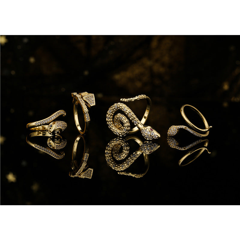 Vintage Bamboo-Style Open Ring with AAA Zirconia Micro-Pavé Setting in Copper Plated with 18K Gold for Women
