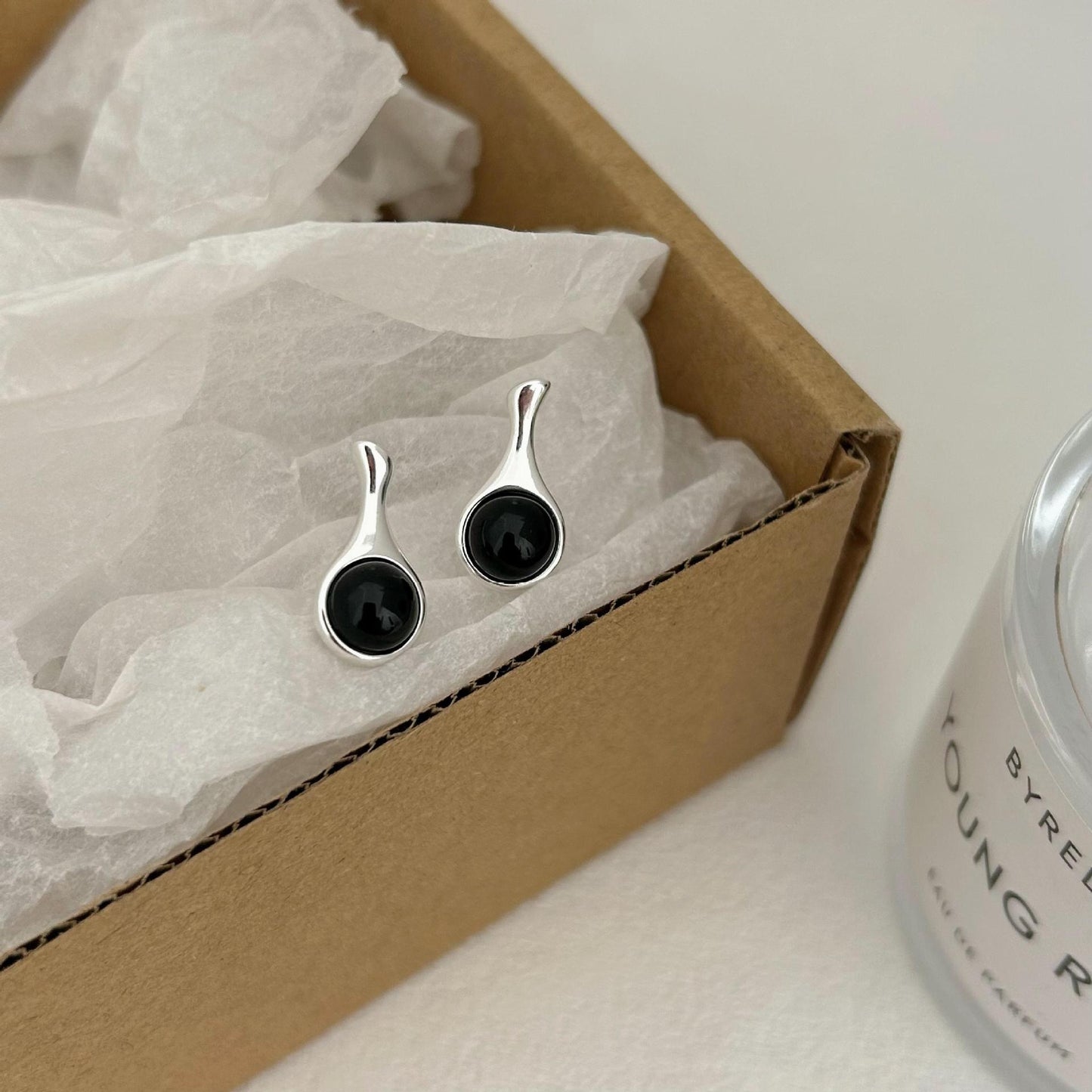 Minimalist Geometric Black Onyx Stud Earrings in 925 Sterling Silver with Gold Plating