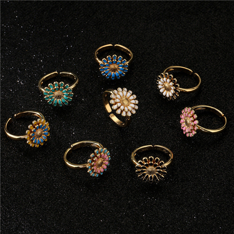 Fashion Geometric Floral Drip Oil Gold Plated Brass Sunflower Open Ring for Women