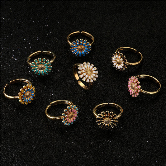 Fashion Geometric Floral Drip Oil Gold Plated Brass Sunflower Open Ring for Women