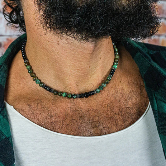 Punk Geometric Round Turquoise Beaded Necklace Stainless Steel Ball Chain Unisex