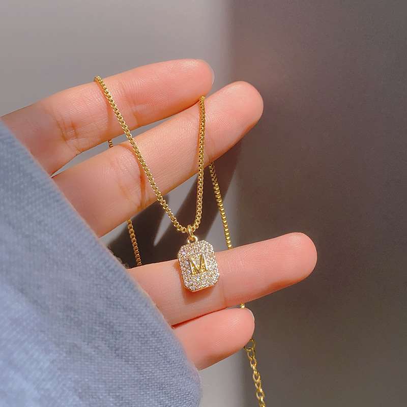 Elegant Minimalist M-Shaped Square Pendant Necklace for Women Made of Titanium Steel with Plated Finish and Sparkling Rhinestone Accents