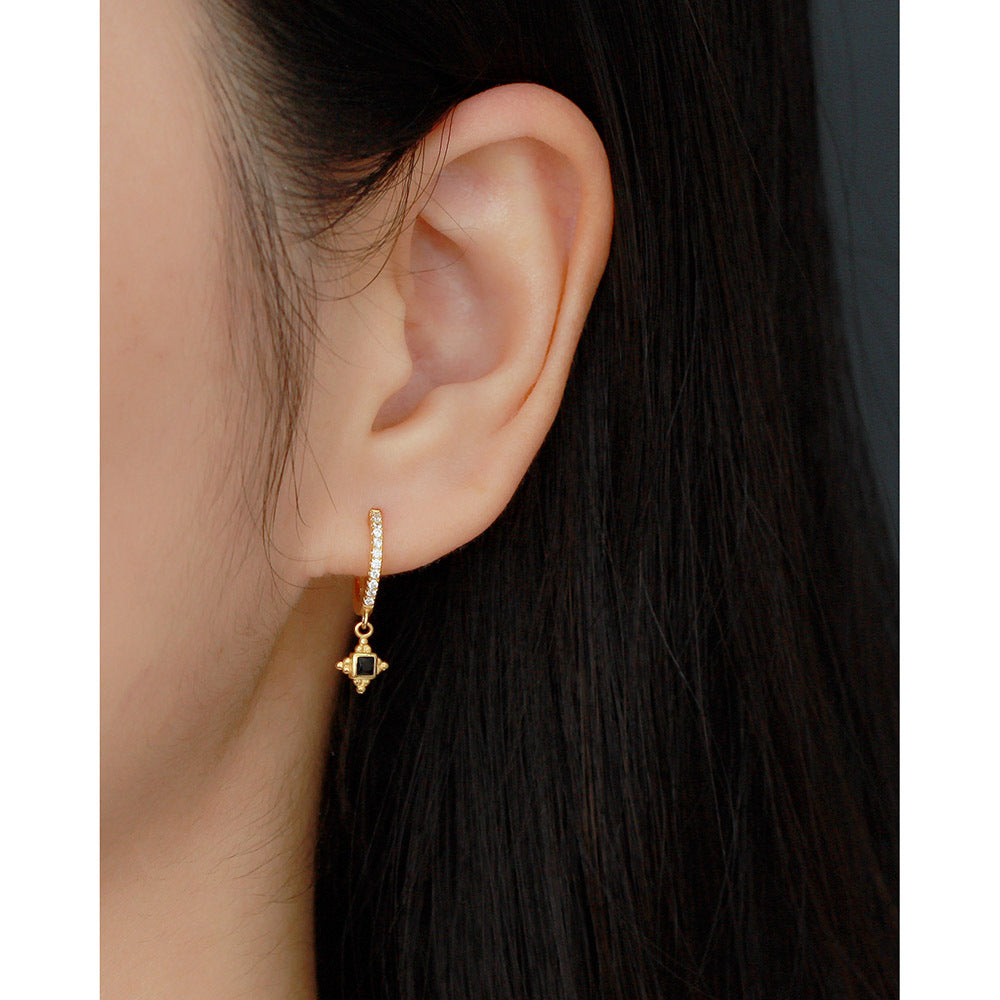 Minimalist Vintage 925 Sterling Silver Geometric Square Inlaid Cubic Zirconia Hoop Earrings