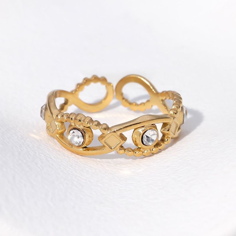 Minimalist Elegant Open-Style Eye-Shaped Rhinestone-Set Gold-Plated Stainless Steel Ring for Women