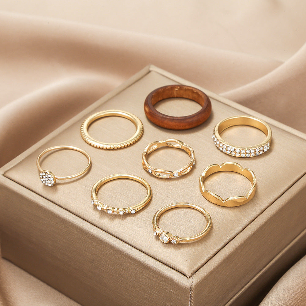 Punk Casual Geometric Alloy Inlaid Rhinestone Ring Set