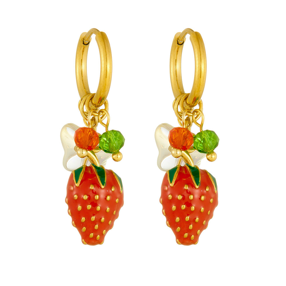 Sweet Gold Plated Drip Oil Stainless Steel Round Strawberry Drop Earrings