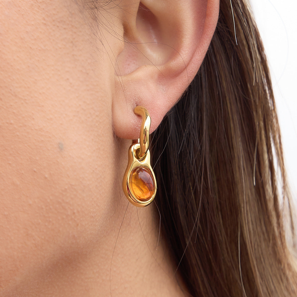 Minimalist Geometric Stainless Steel Plated Earrings with Amber and Resin Inlay for Women