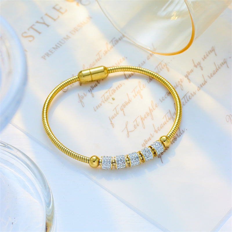 Minimalist Titanium Steel Bracelet with Magnetic Clasp and Rhinestone Accents for Women