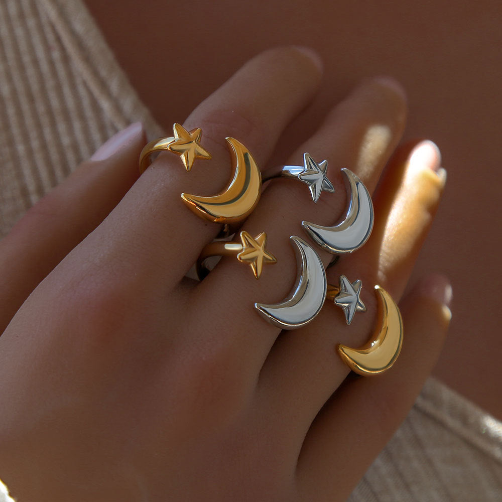 Anillo Abierto Ajustable Minimalista de Acero Inoxidable con Forma de Estrella y Luna con Baño de Oro para Mujeres y Hombres