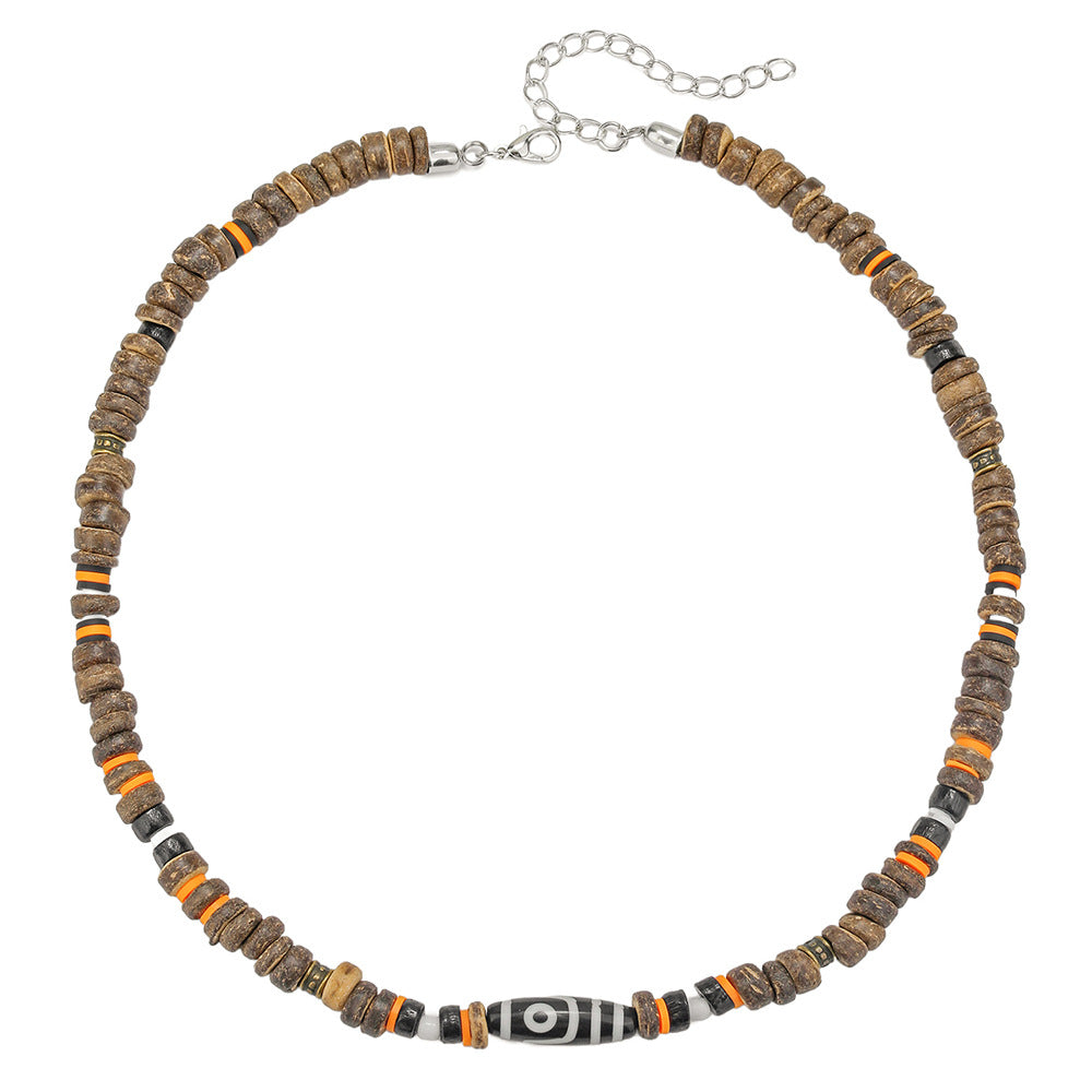 Vintage Geometric Round Stainless Steel Wood Bead Necklace Unisex Cable Chain