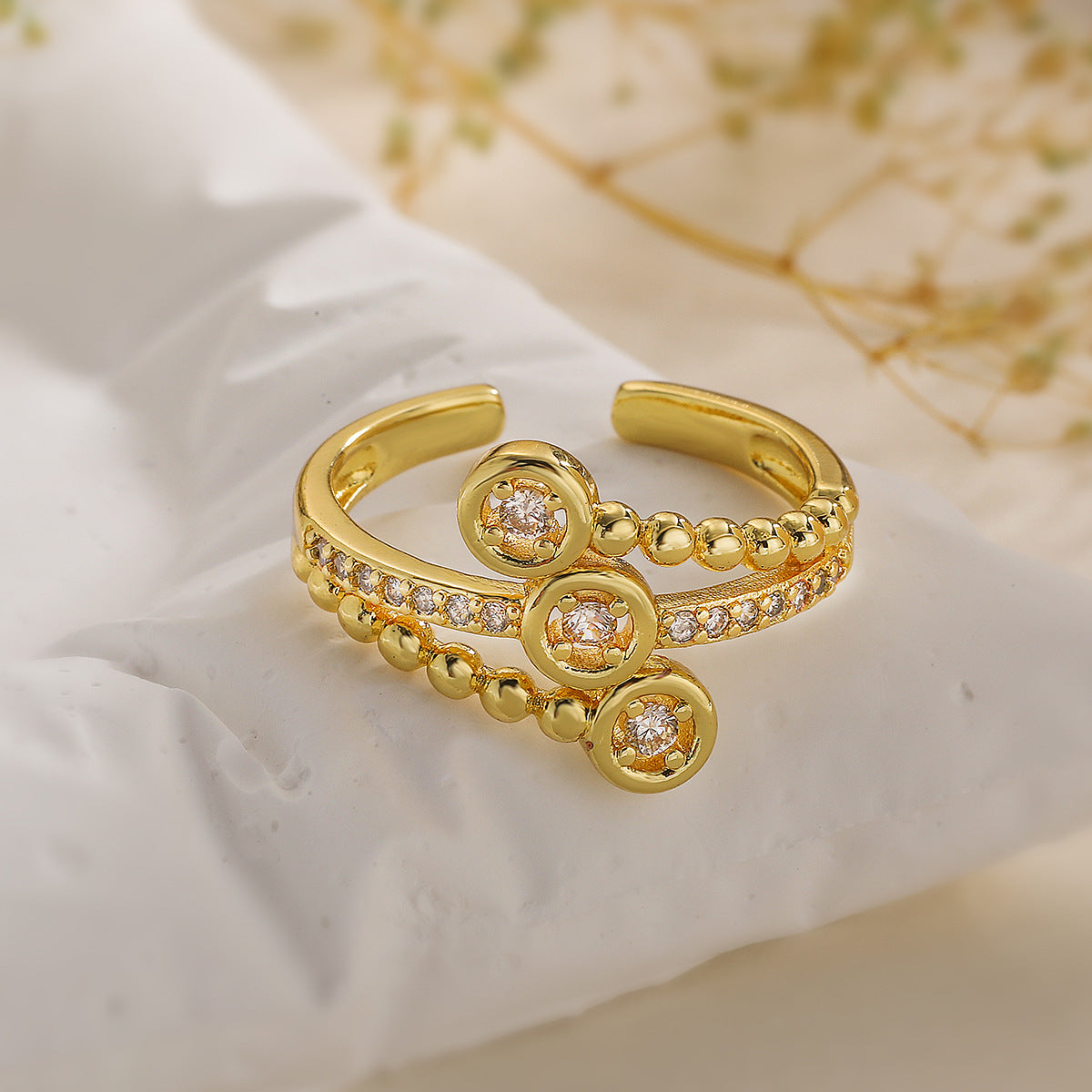 Geometric Open Ring for Women with Copper Base and Real Gold Plating, Micro-Paved Zirconia, Irregular Design, Fashionable Minimalist Style