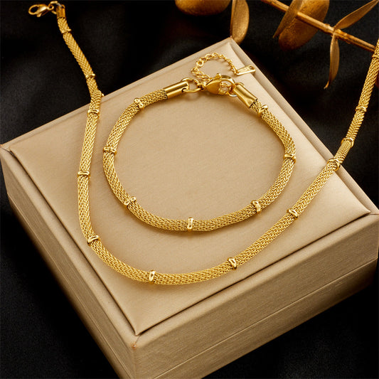 Set collana e bracciale minimalisti "Bamboo Joint" in acciaio al titanio con finitura placcata su catena a maglie rotonde