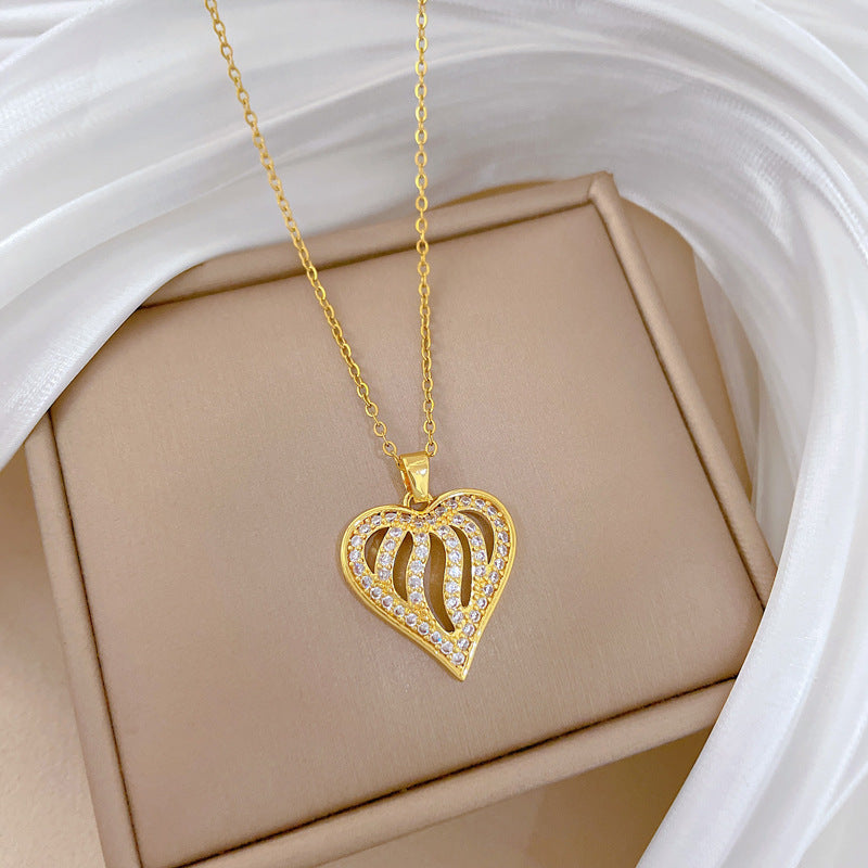 Minimalist Heart-Shaped Titanium Steel Necklace with Full Rhinestone Inlay for Women, Delicate Hollow-Out Pendant on Stainless Steel Chain