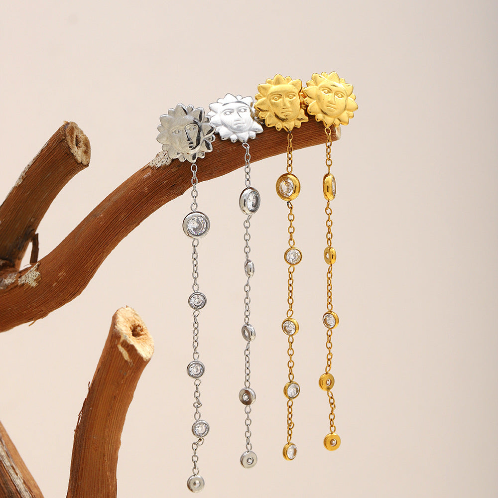 Minimalist 18K Gold Plated Stainless Steel Geometric Round Cubic Zirconia Sun Tassel Earrings
