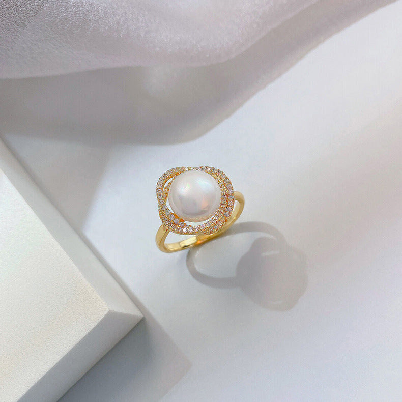 Elegant Geometric Alloy Ring for Women with Micro-Pavé Gold Plating and Pearl Accent, Minimalist Index Finger Band or Pinky Ring