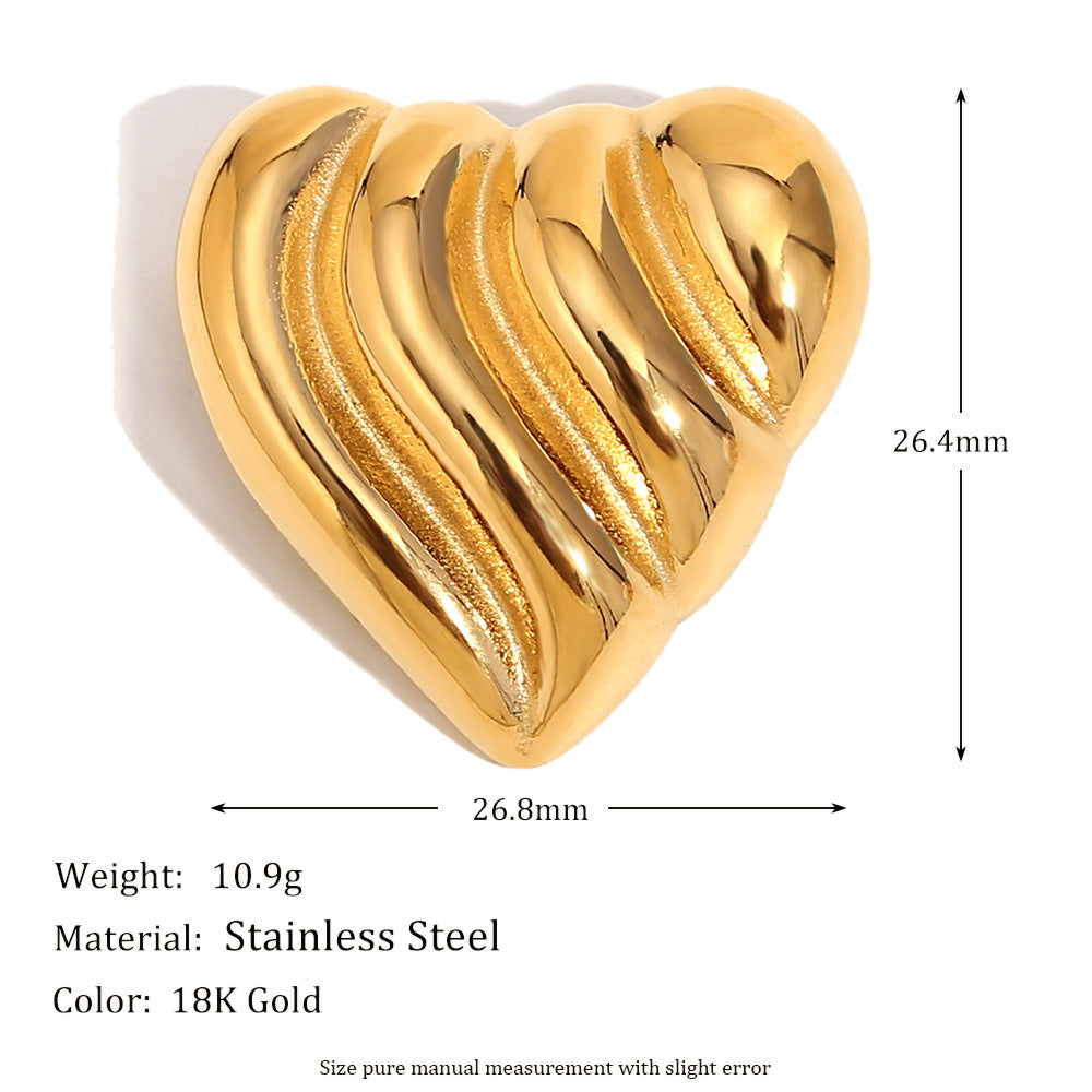Geometric Heart-Shaped Stainless Steel Brooch with 18K Gold Plating and Oval Textured Surface