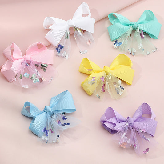 Cartoon Style Butterfly Bow Hair Clips Set for Kids - Handmade Fabric Hair Accessories with Ribbon Accents, 6-Piece Solid Color Collection