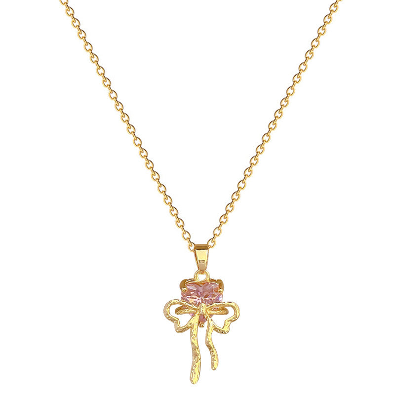 Collana con ciondolo a fiocco rosa con strass da donna in acciaio al titanio con catena a locket delicata