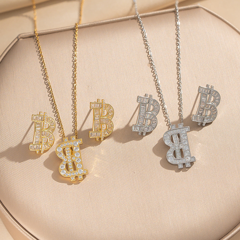Minimalist Fashionable Letter B Rhinestone-Set Earrings and Necklace with Titanium Steel Plating and Copper Pendant on Cross Chain for Women