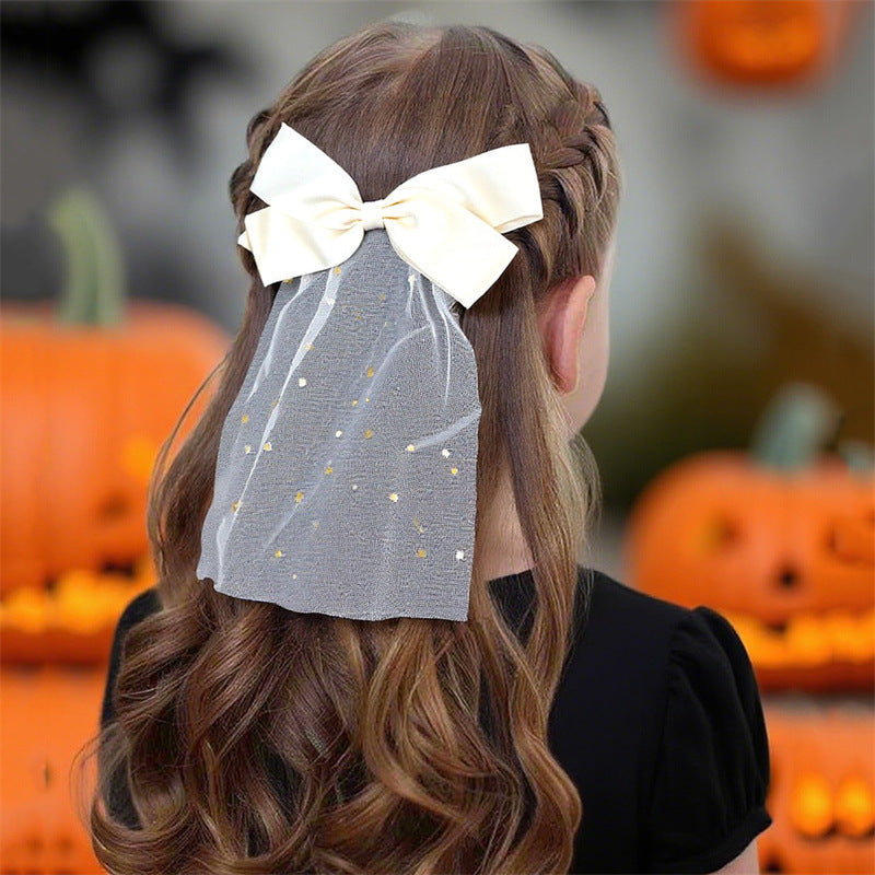 Fermaglio per capelli a fiocco fatto a mano in tulle bianco e nero per bambini con dettagli in lamina d'oro, accessorio per capelli di Halloween