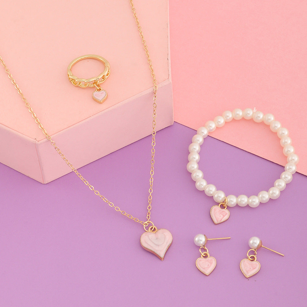 Conjunto de Collar, Pulsera y Pendientes con Cadena de Serpiente de Aleación con Forma de Corazón Tono Frío Minimalista con Acentos de Perlas para Niñas