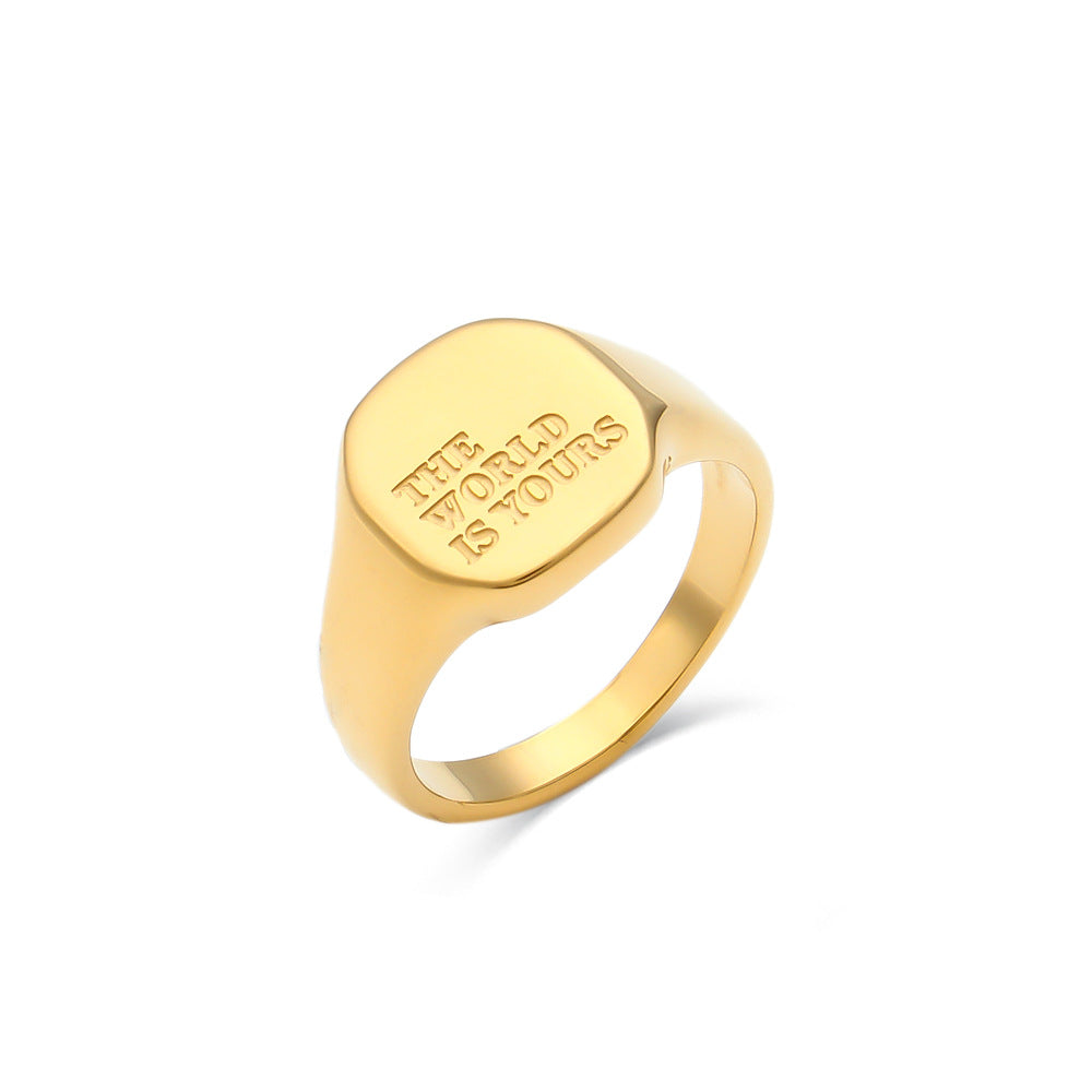 Minimalist Letter-Shaped Titanium Steel Ring with 18K Gold Plating for Women