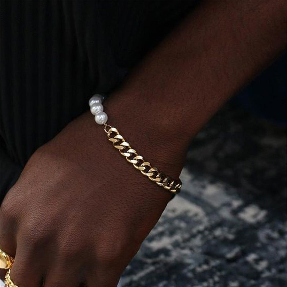 Minimalist Hip-hop Geometric Titanium Steel Cuban Link Chain Bracelet with Pearl for Unisex