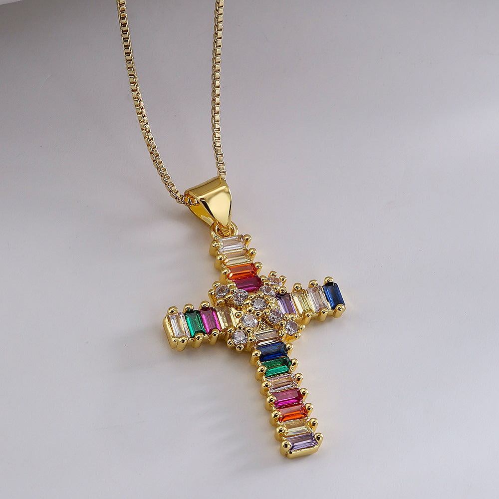 Geometric Pendant Necklace for Women in Copper with Real Gold Plating and Zircon Inlay, Hip-Hop Style