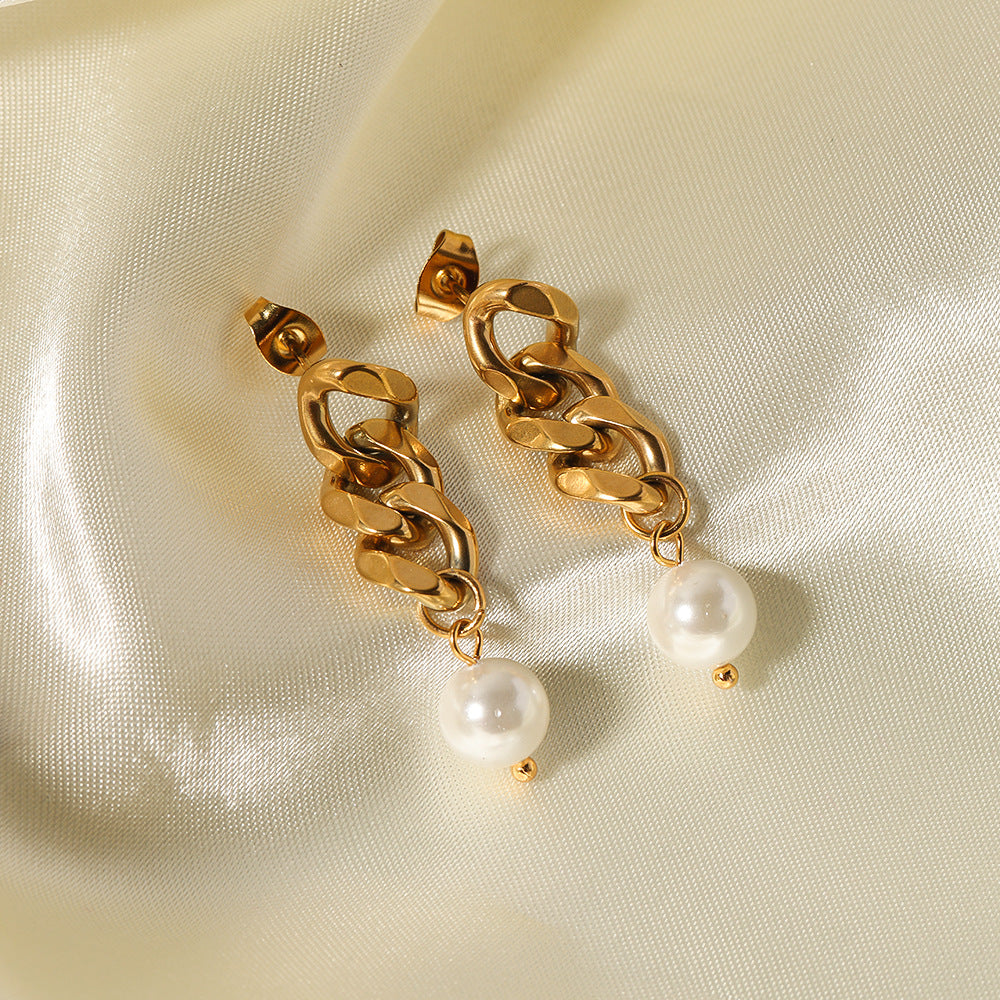 Minimalist Geometric Pearl Earrings with 18K Gold Plated Stainless Steel Chain Dangle for Women