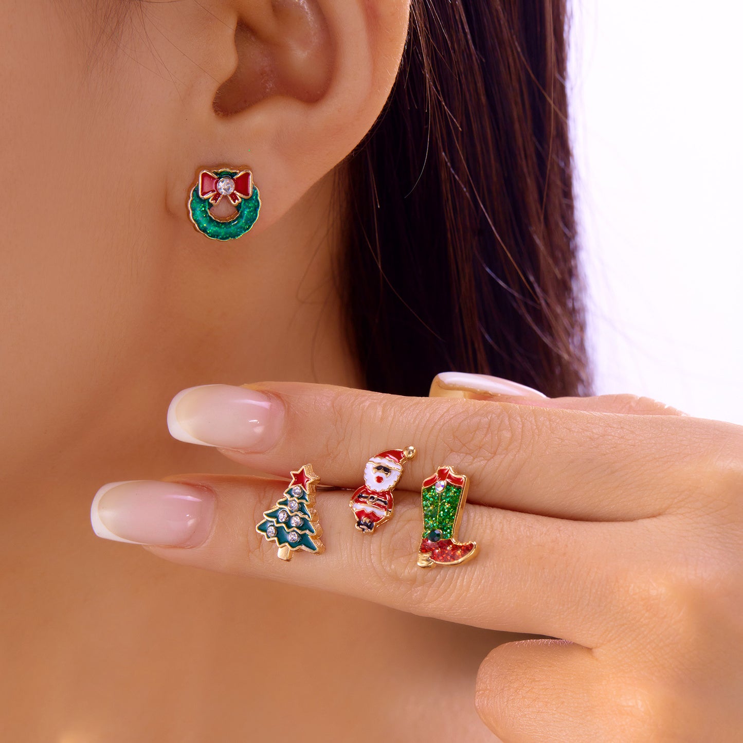 Christmas-Themed Animal-Shaped Alloy Hoop Earrings Set with Santa Tree Cane Gingerbread Man and Reindeer Designs Plated Finish