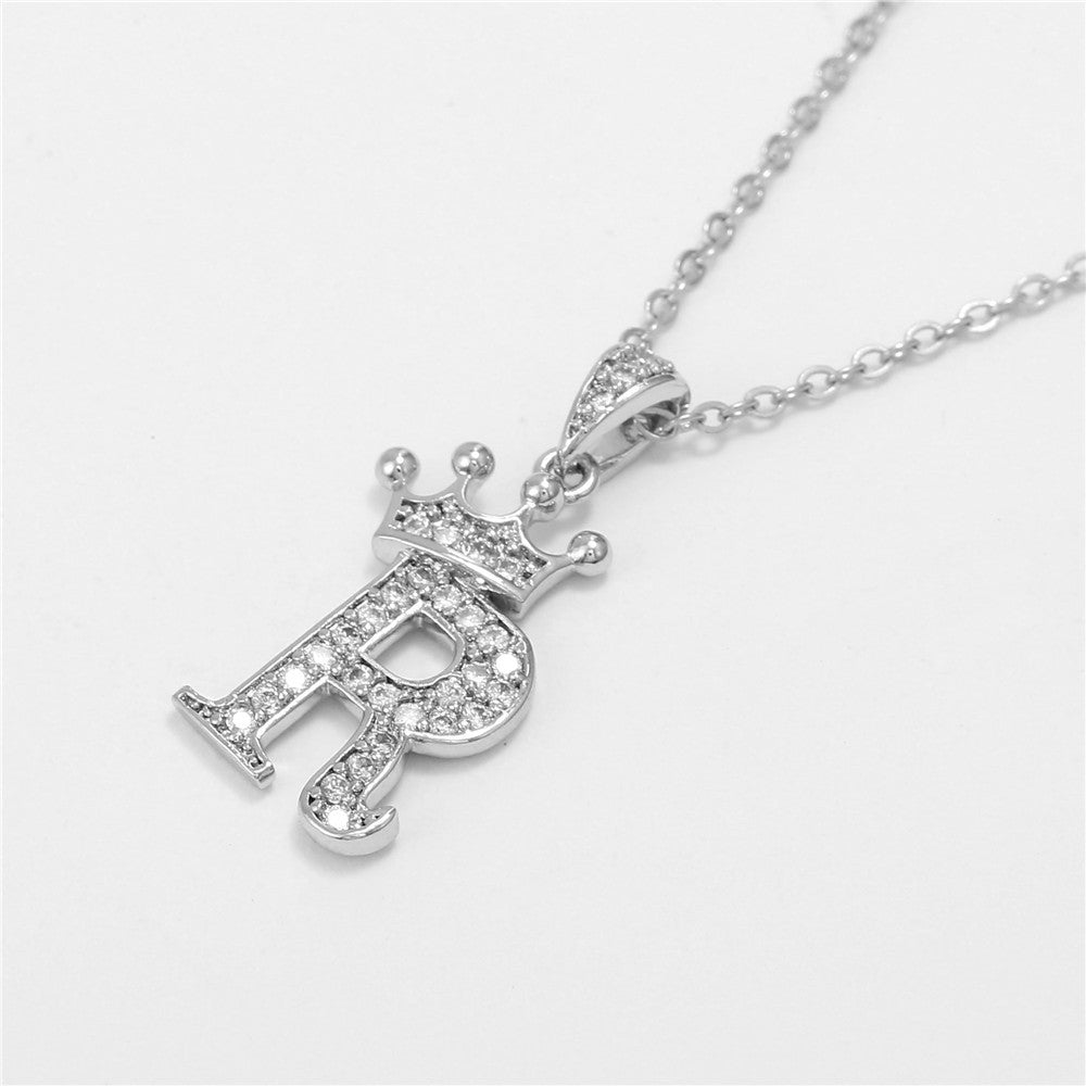 Minimalist Crown Letter Cubic Zirconia Micro-inlay Brass Necklace with Cable Chain