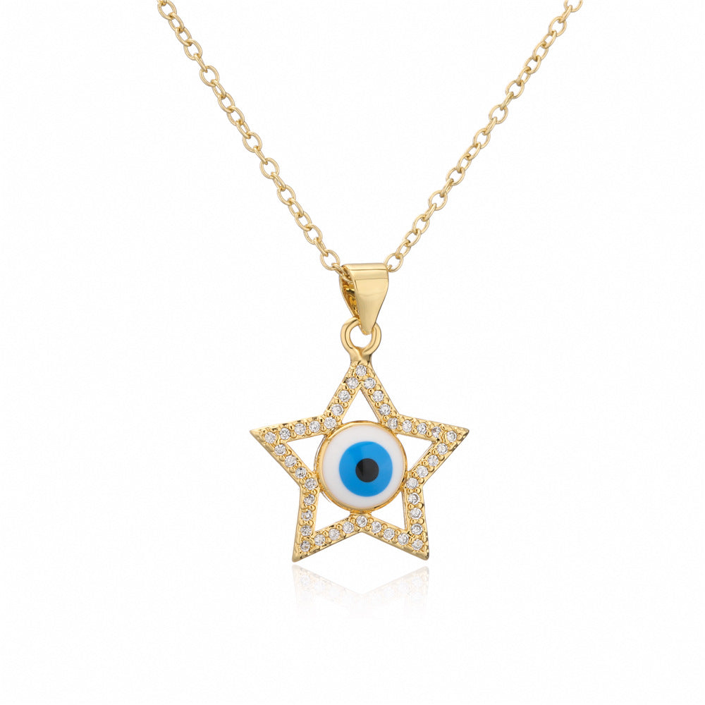 18K Gold Plated Brass Heart Star Evil Eye Pendant Necklace with Cubic Zirconia Inlay on Cable Chain