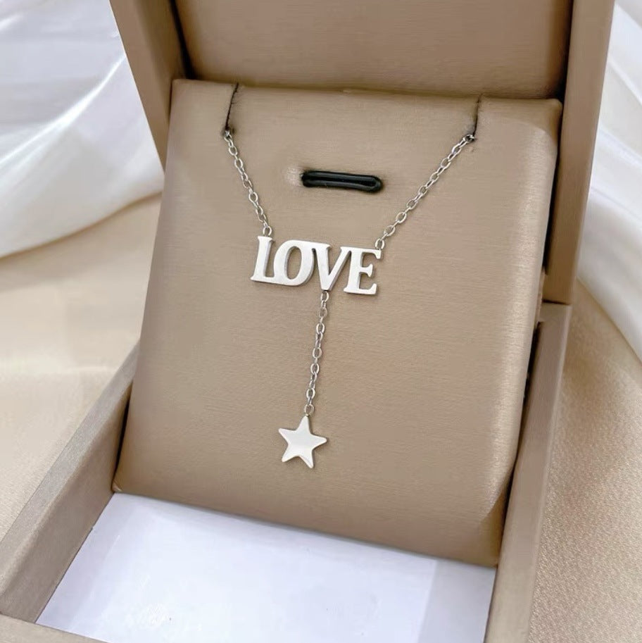 Minimalist Love Letter Pendant Necklace with Star Charm in Titanium Steel for Women