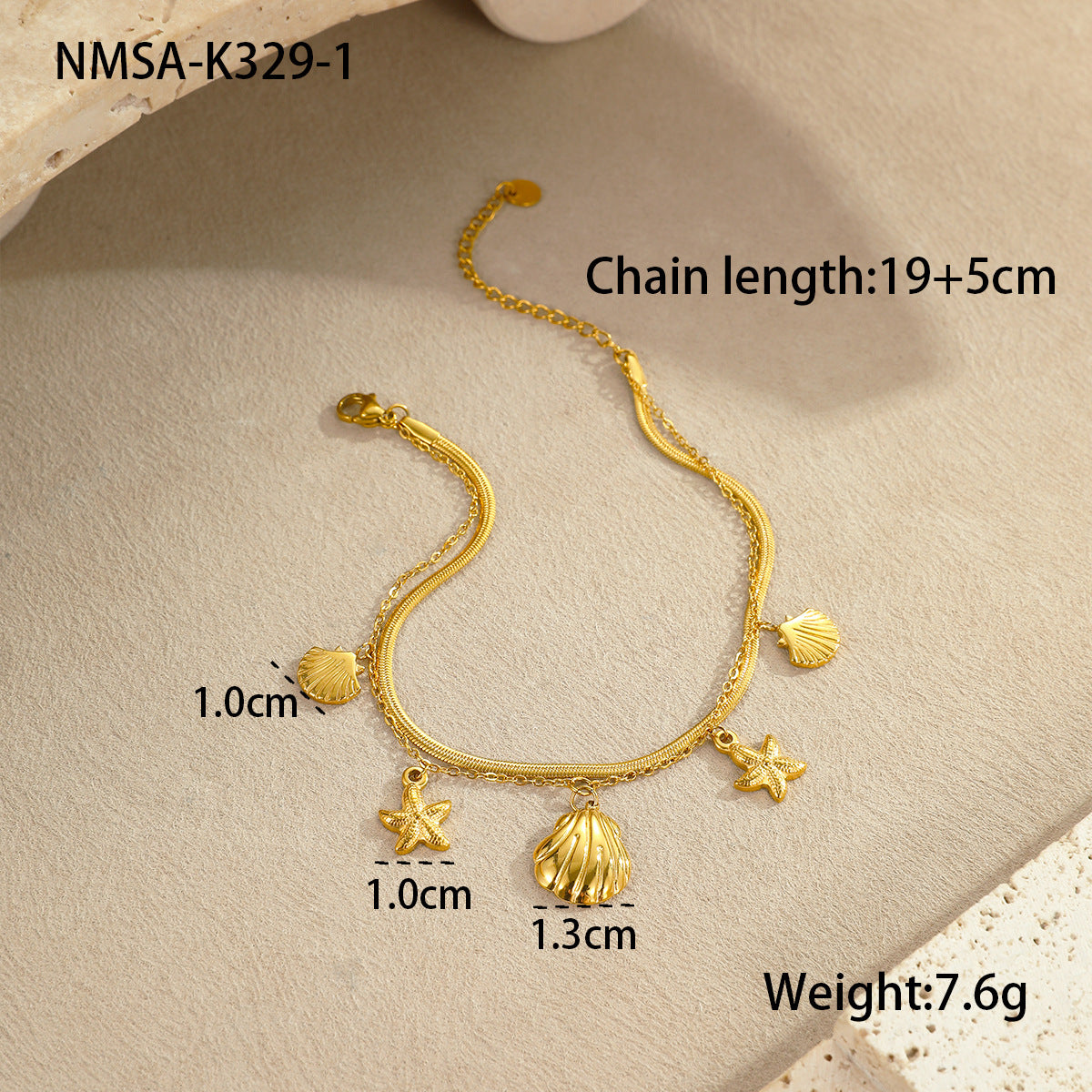 Cavigliera da donna in acciaio inossidabile con stella marina, conchiglia e cuore, stile geometrico OL, con design costiero estivo minimalista