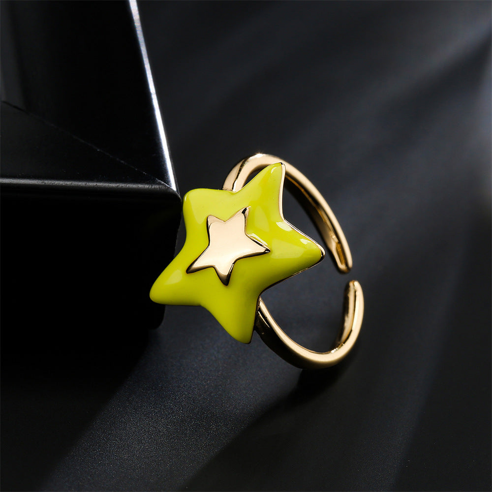 Minimalist Irregular Five-Pointed Star Open Ring for Women in Copper with 18K Gold Plating and Enamel Finish