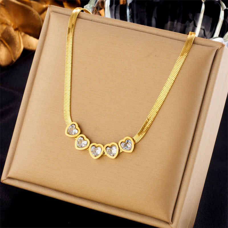 Minimalist Heart-Shaped Rhinestone-Inlaid Titanium Steel Blade Chain Necklace for Women