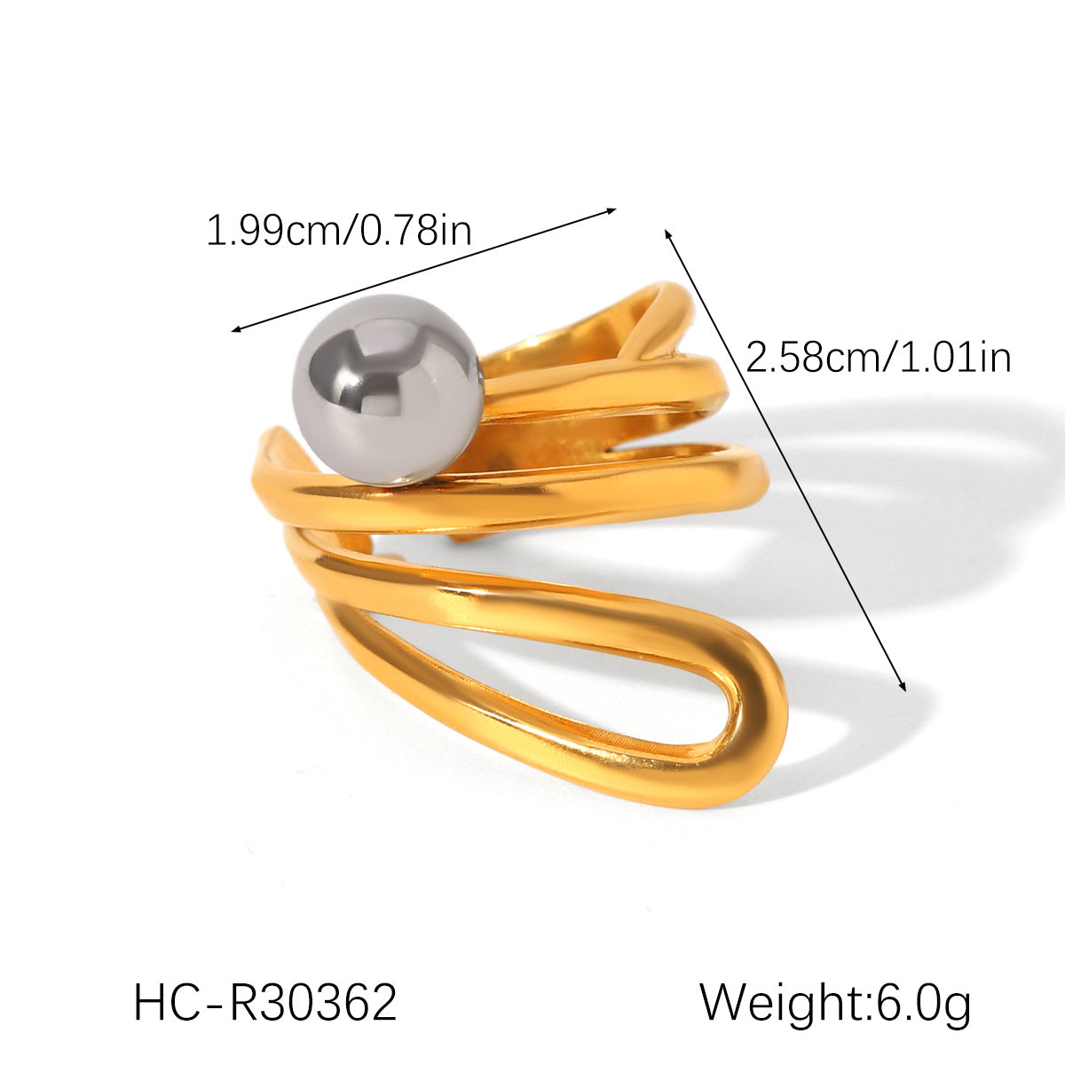 Geometric Ball-Shaped Titanium Steel Ring with Irregular Line Design for Women, Electroplated Stainless Steel Band Jewelry