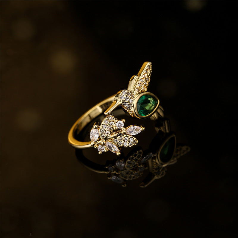 Gold Plated Brass Micro-Inlaid Cubic Zirconia Leaf Geometric Open Ring for Women