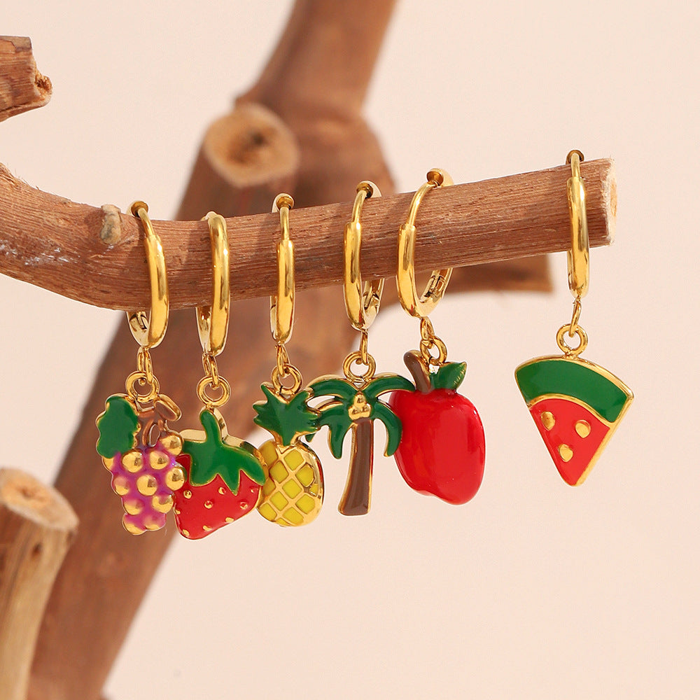 Orecchini da donna creativi in acciaio inossidabile a forma di frutta, placcati oro 18K e con smalto.