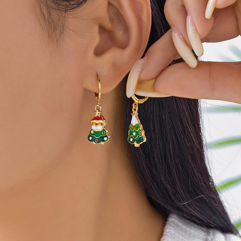 Orecchini a perno natalizi alla moda con albero di Natale in lega e intarsio di strass da donna, Regalo di gioielli festivi per le vacanze