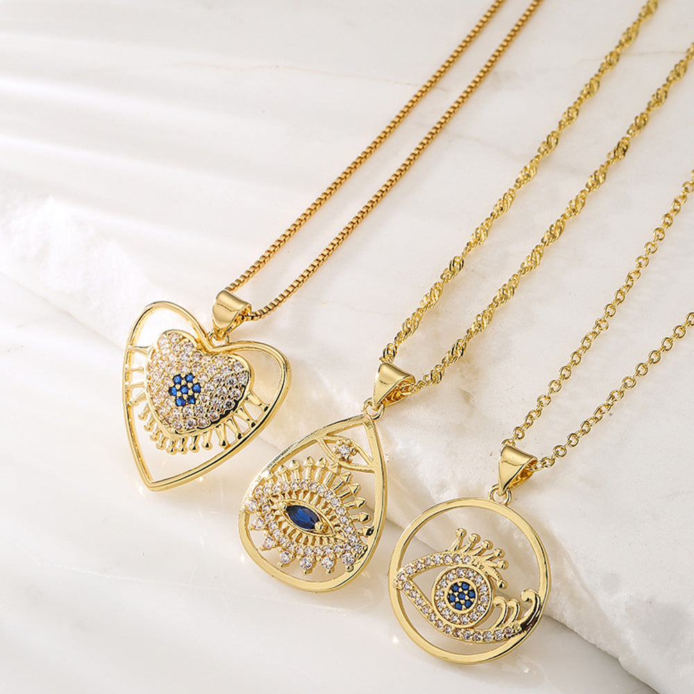 Geometric Pendant Necklace for Women with Copper Base Plated in 18K Gold and Zircon Eye Detail