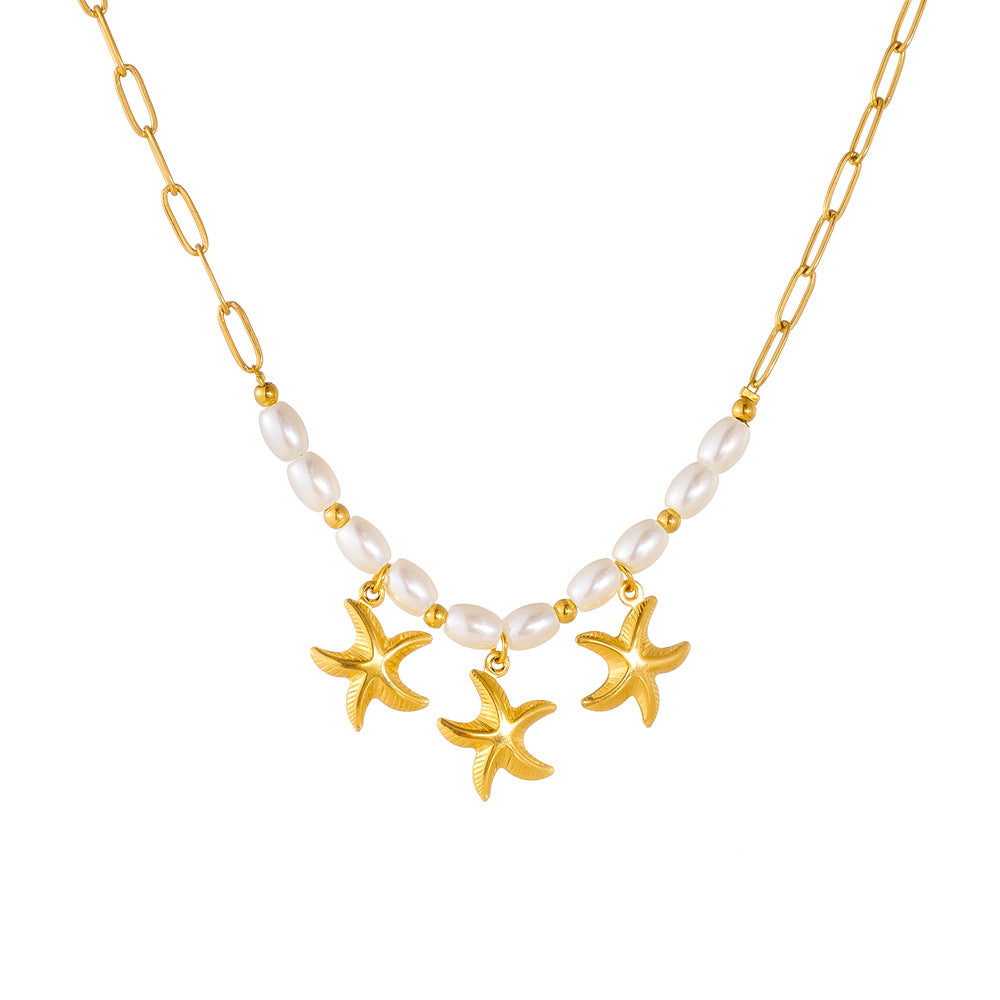 Minimalist Gold Plated Starfish Stainless Steel Necklace with Simulated Pearl Beads for Women