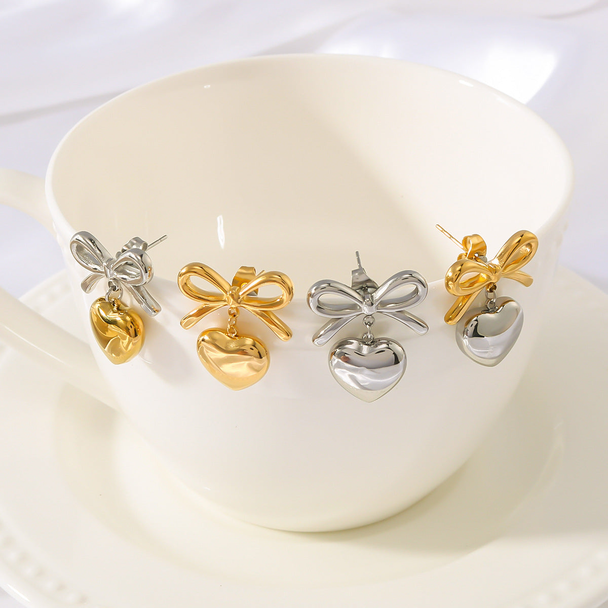 Minimalist Heart and Bow-Shaped Titanium Steel Earrings with 18K Gold Plating for Women