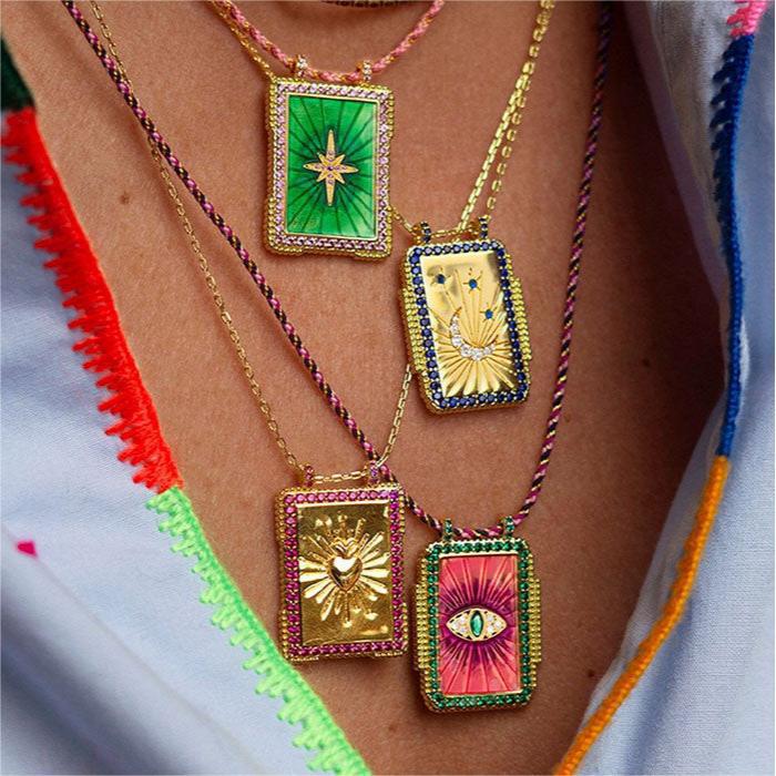 Bohemian Style Vintage Sun Moon and Evil Eye Pendant Necklace for Women with Copper Heart Charm and Star Motifs on Standard Chain