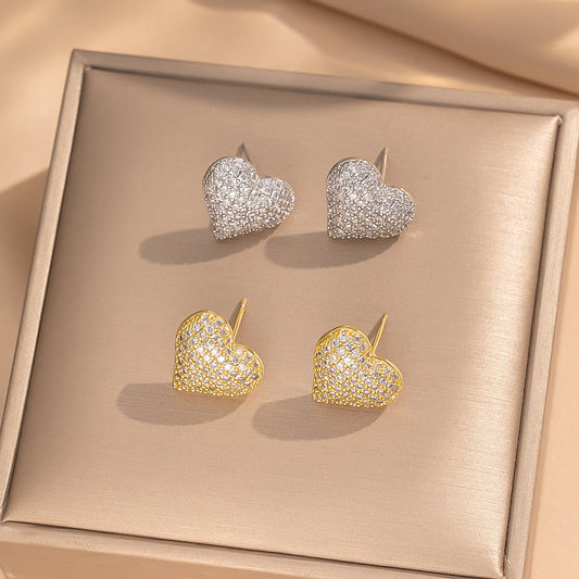 Cute Heart-Shaped Hypoallergenic Titanium Steel Earrings with 18K Gold Plating and Zircon Accents for Women