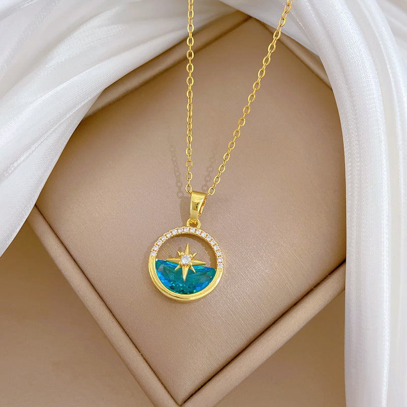 Sweet Geometric Star Moon Rhinestone Plated Titanium Steel Necklace with Brass Pendant Cable Chain for Unisex